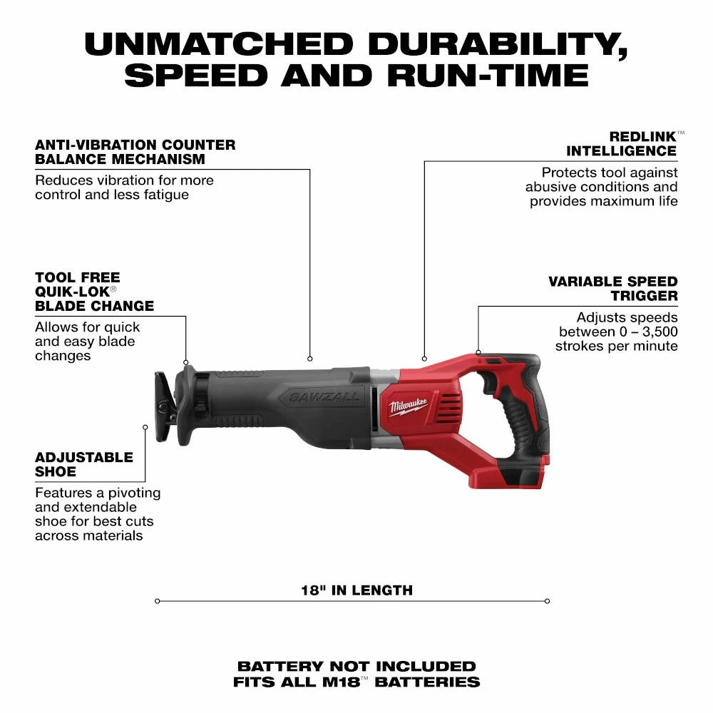 Milwaukee M18 18-Volt Lithium-Ion Cordless Sawzall Reciprocating Saw, Tool Only - 2621-20 - Other - Image 8