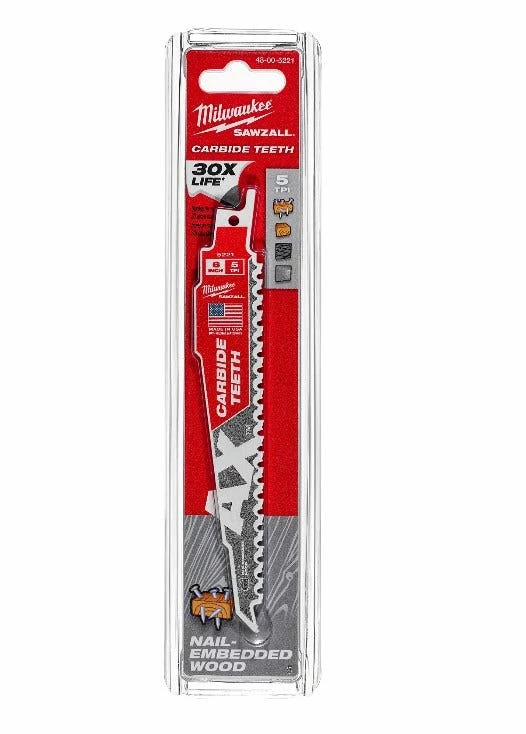 Milwaukee 6" 5TPI Sawzall The AX™ Reciprocating Saw Blade with Carbide Teeth - 48-00-5221 - Sawzall Blades
