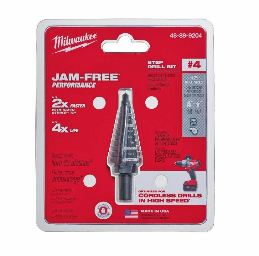 Milwaukee 3/16" - 7/8" x 1/16" #4 Black Oxide Step Drill Bit 48-89-9204 - Step Drill Bits