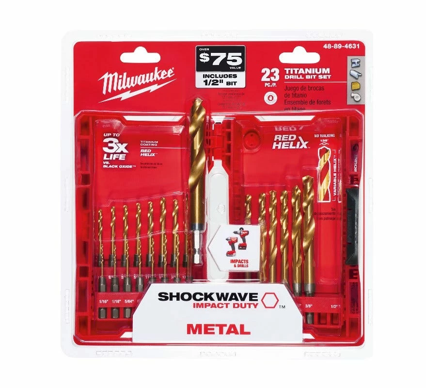 Milwaukee Titanium Nitride Shockwave Red Helix Drill Bit Kit, 23-Piece Set - 48-89-4631 - Replacement Parts & Accessories