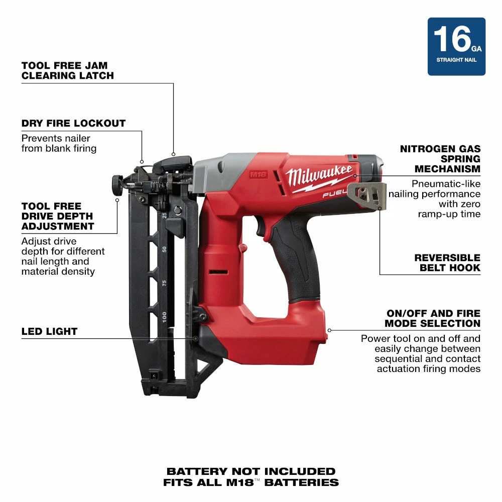 Milwaukee M18 FUEL 18-Volt Lithium-Ion Brushless Cordless 16-Gauge Straight Finish Nailer, Bare Tool Only - 2741-20 - Nailers - Image 5
