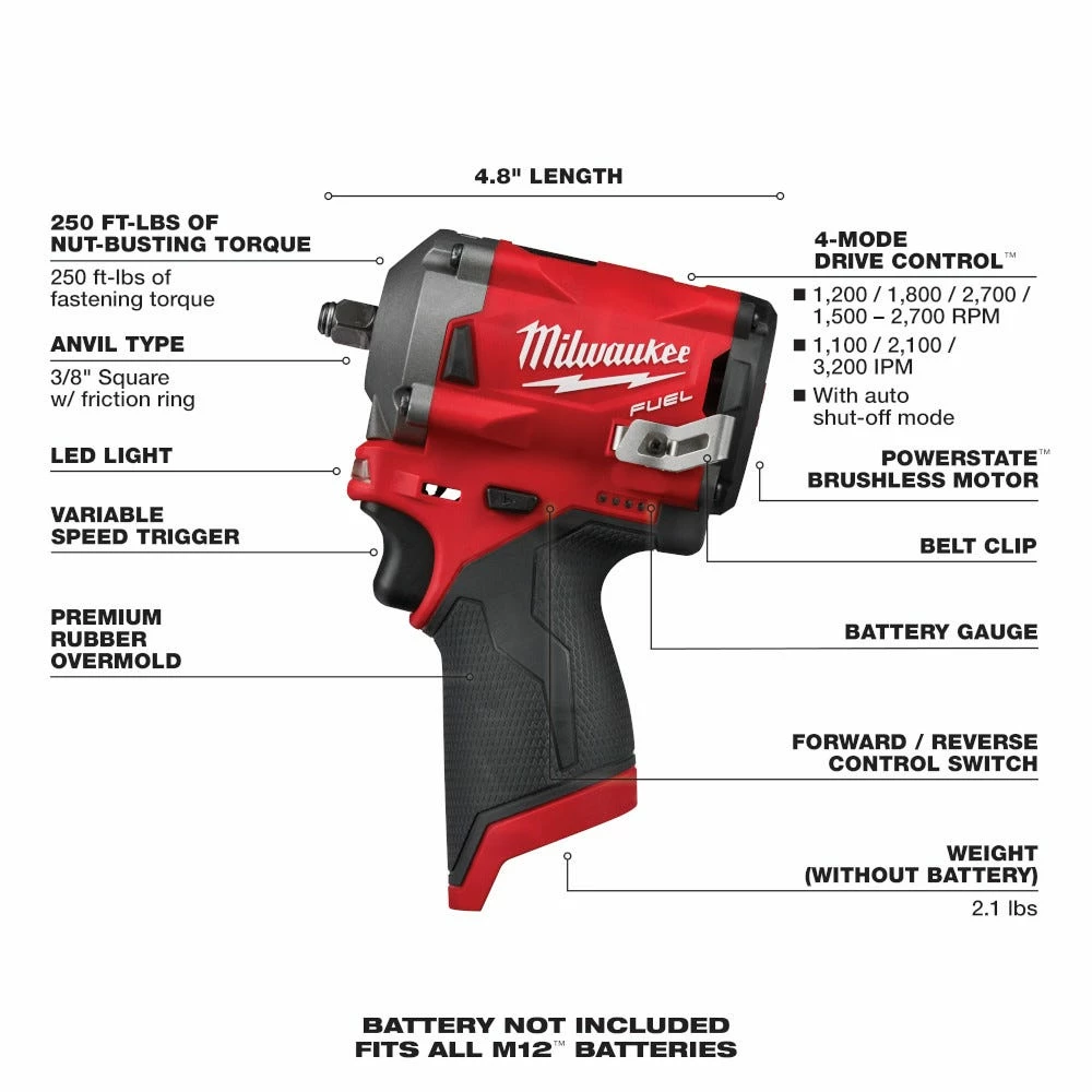 Milwaukee M12 Fuel 12-Volt Lithium-Ion Cordless Brushless Stubby 3/8" Impact Wrench - 2554-20 - Drills - Image 4