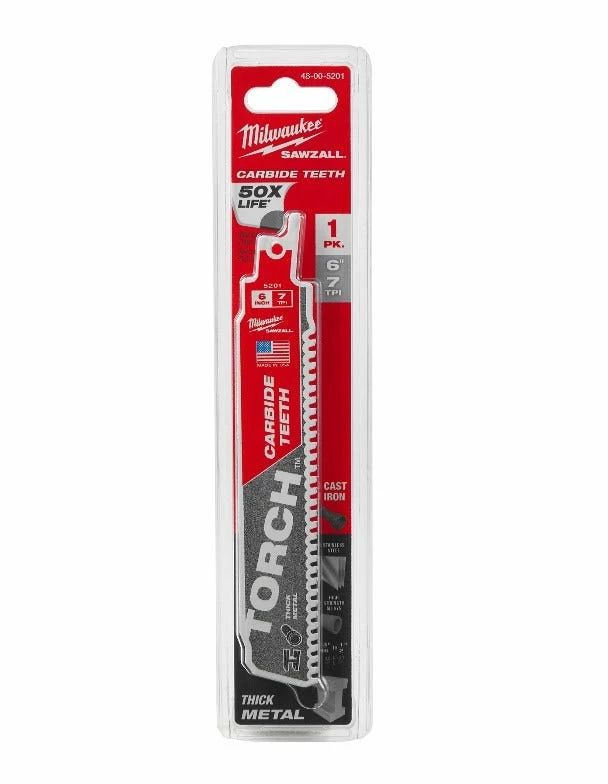 Milwaukee 6" 7 TPI The Torch Carbide Teeth Sawzall Blade - 48-00-5201 - Sawzall Blades