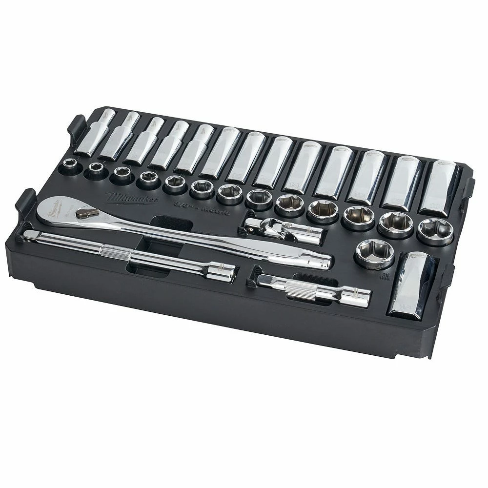 Milwaukee 3/8” Drive Metric Ratchet & Socket Set with Packout Low-Profile Compact Organizer, 32 Piece Set - 48-22-9482 - Other Accessories - Image 3