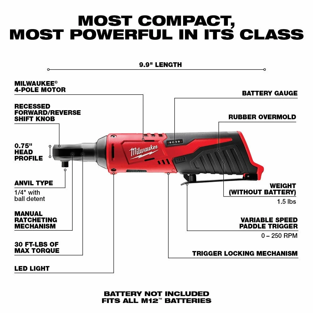 Milwaukee M12 12-Volt Lithium-Ion Cordless 1/4" Ratchet, Tool-Only - 2456-20 - Image 7