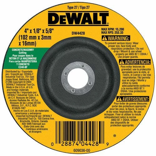 DeWalt 4" x 1/8" x 5/8" Masonry Cutting Wheel DW4428 - Replacement Parts & Accessories
