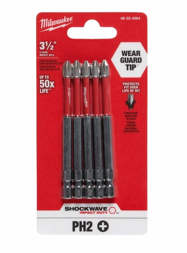 Milwaukee Shockwave 3-1/2 Inch Impact Phillips -2 Power Bits 5 Pack 48-32-4564 - Replacement Parts & Accessories