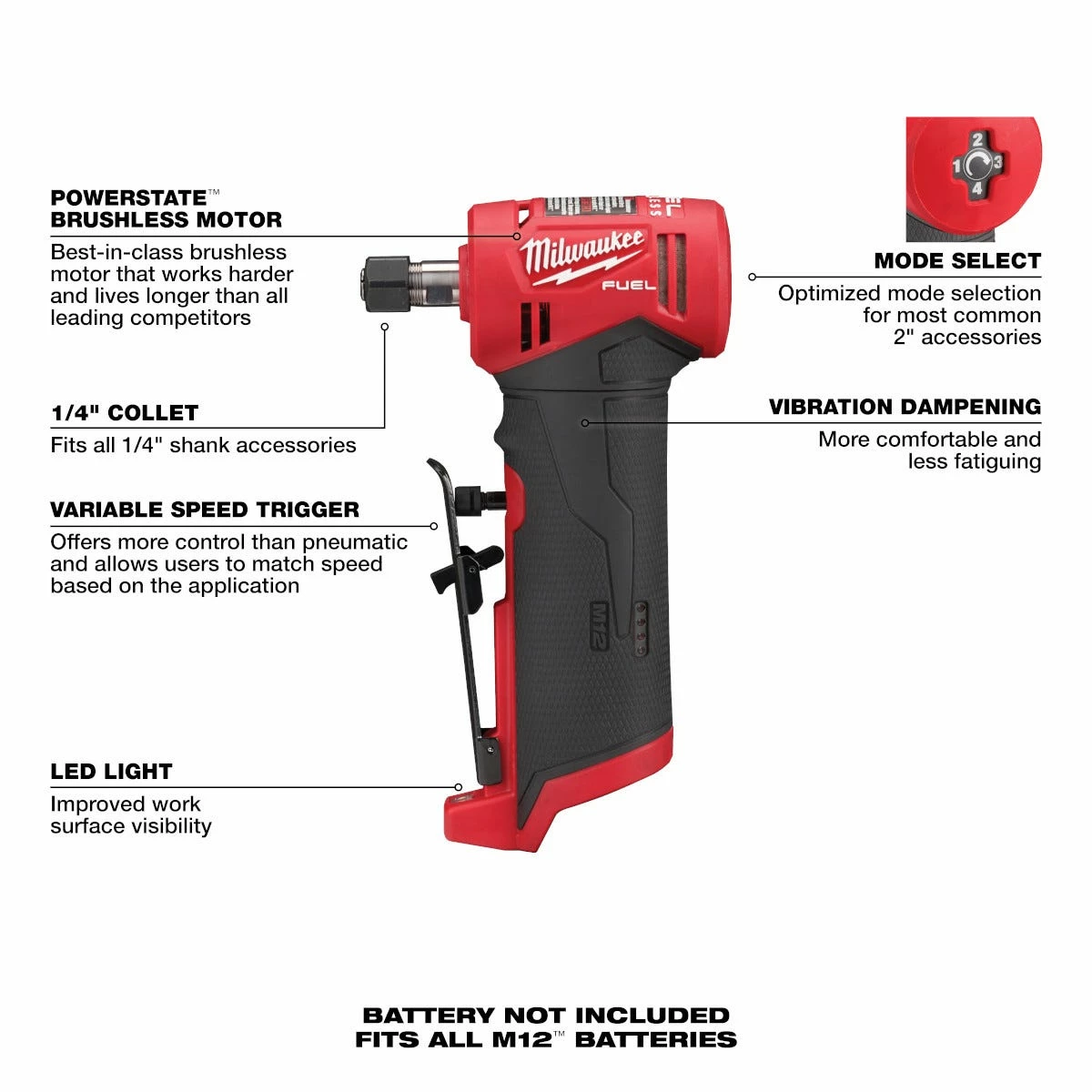 Milwaukee M12 Fuel™ 12-Volt Lithium-Ion Brushless Cordless 1/4" Right Angle Die Grinder 2485-20 - Grinders - Image 2