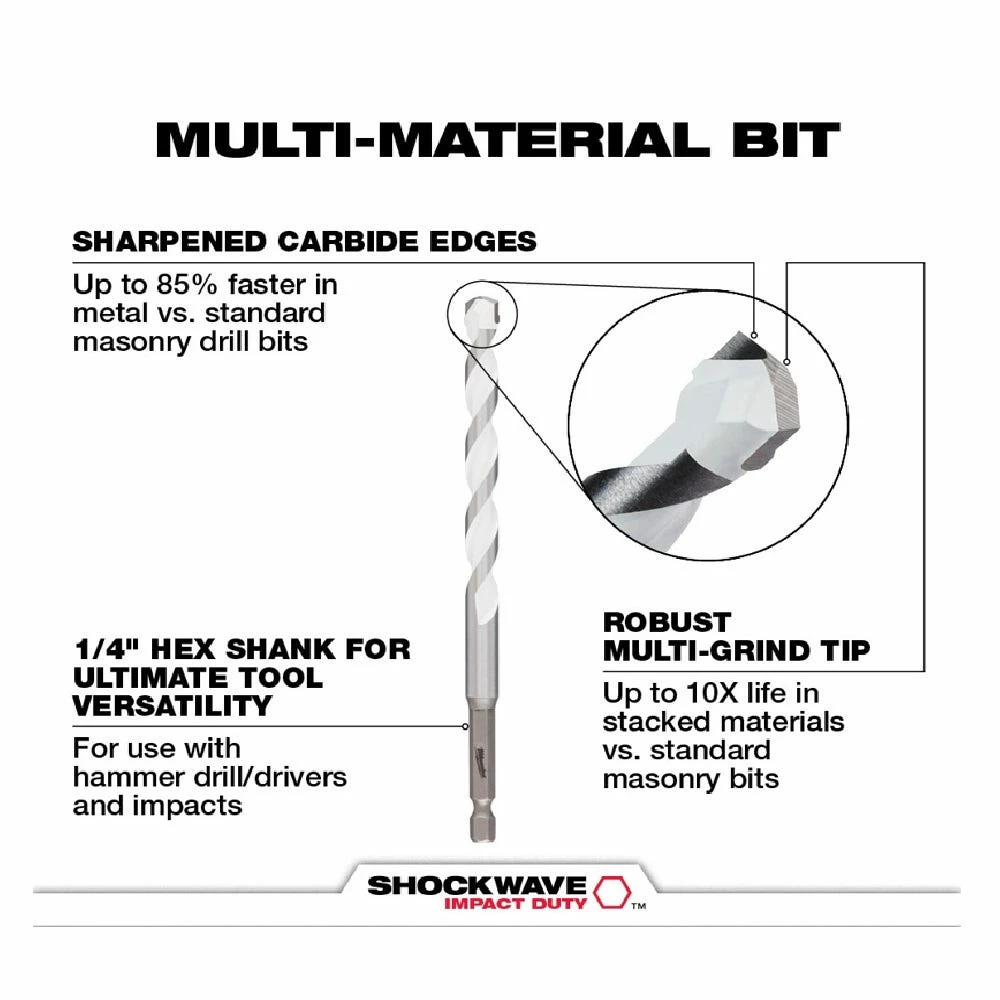 Milwaukee 1/4" x 4" x 6" Shockwave™ Carbide Multi-Material Drill Bit - 48-20-8886 - Power Tool Accessories - Image 3
