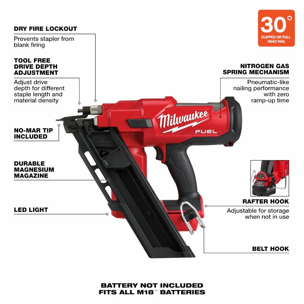 Milwaukee M18 FUELâ„¢ 18-Volt 30-Degree 3 1/2" Lithium-Ion Brushless Cordless Framing Nailer, Tool Only - 2745-20 - Nailers - Image 6