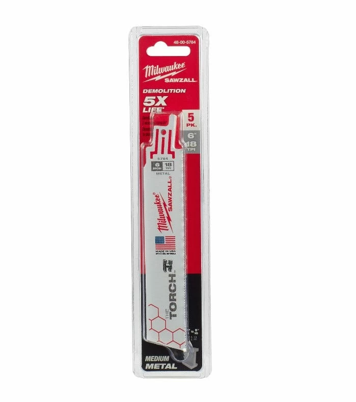 Milwaukee 6" 18 TPI The Torch Sawzall Blade, 5 Pack - 48-00-5784 - Sawzall Blades